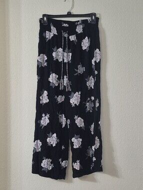 No Boundaries Black Floral Wide Leg Drawstring Pants